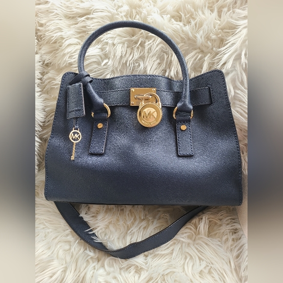 Michael Michael Kors Women's Hamilton Saffiano Leather Medium Satchel, Navy - Picture 2 of 14